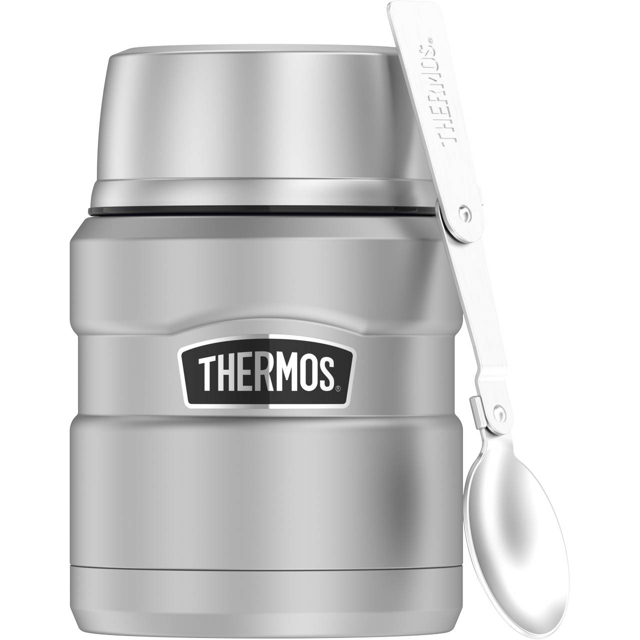 Das Bild zeigt einen silberfarbenen Thermobehälter mit einem schwarzen "THERMOS"-Logo in der Mitte. Seitlich ist ein zusammenklappbarer Löffel befestigt. Der Thermobehälter hat einen Deckel, der optisch vom restlichen Korpus abgesetzt ist.