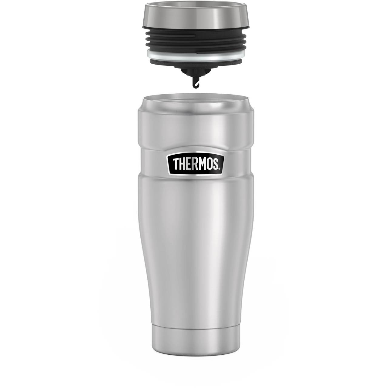 Das Bild zeigt einen silbernen Thermosbecher mit einem abgenommenen Deckel, der darüber schwebt. Auf dem Becher ist das Logo "THERMOS" sichtbar. Der Becher hat eine schlanke Form mit leichten Rundungen.