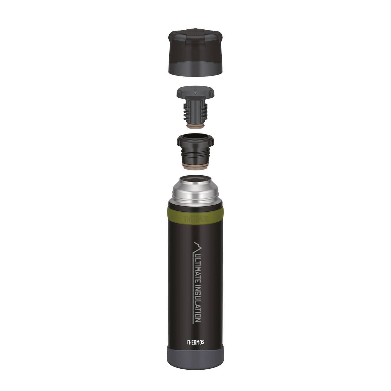 Das Bild zeigt eine aufrecht stehende schwarze Thermosflasche mit einem dunkelgrauen Deckel. Die Flasche ist in Einzelteile zerlegt: Deckel, Dichtung und Flaschenmund. Auf der Flasche steht "Ultimate Insulation".