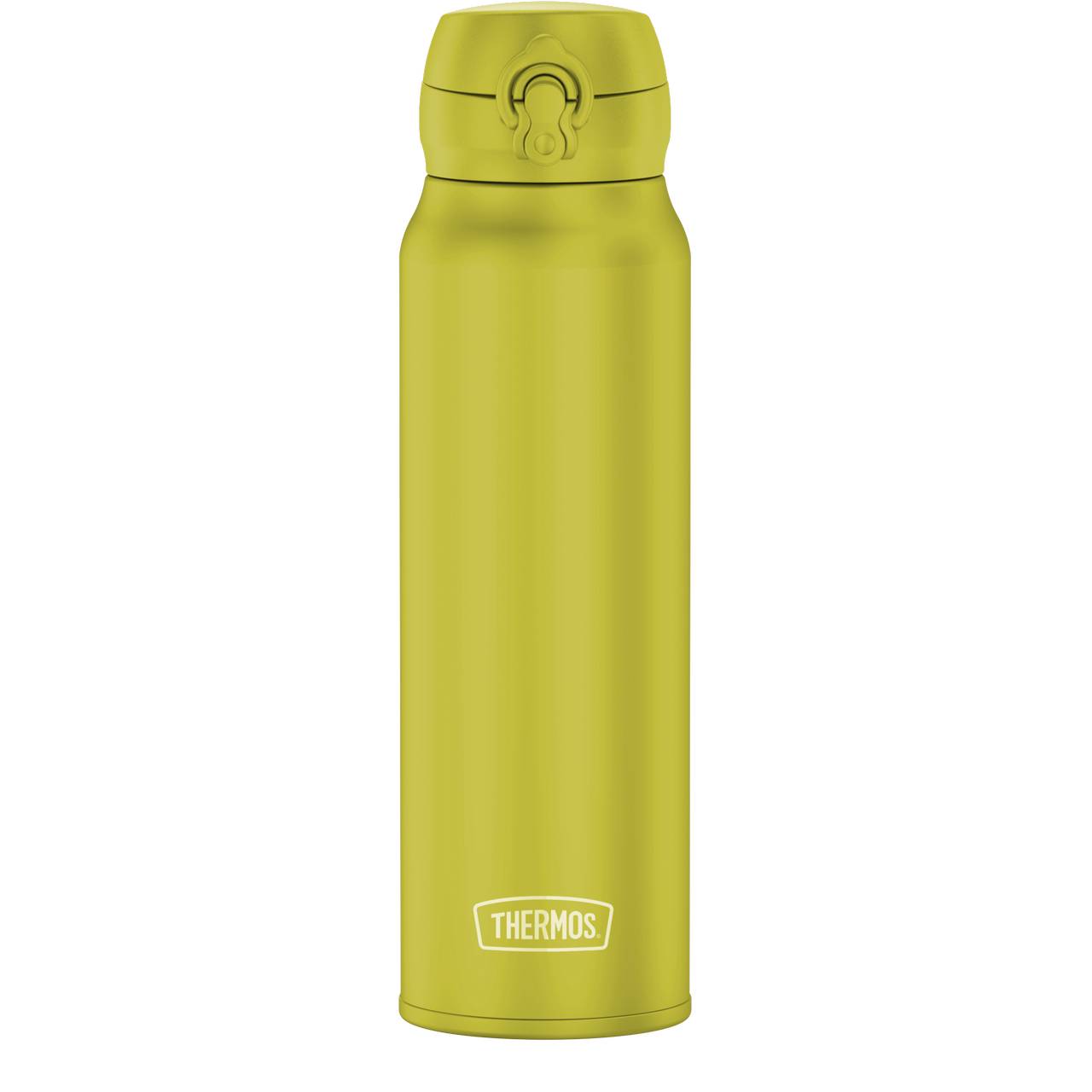 Das Bild zeigt eine gelbe Thermoskanne mit einem Verschlussdeckel, der eine Drucktaste hat. Auf der Vorderseite ist das Wort "Thermos" in Weiß zu sehen.