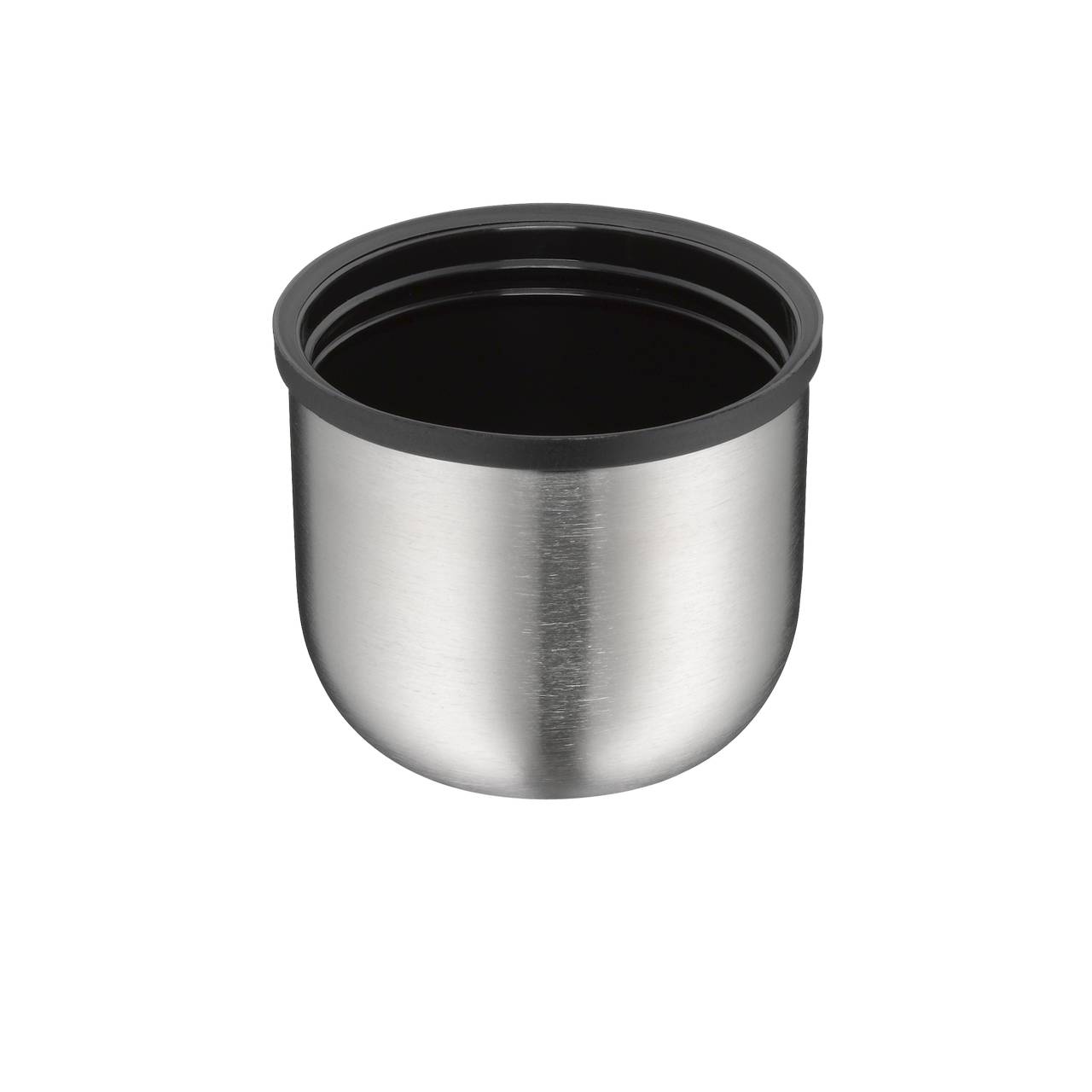 Das Bild zeigt einen Metallbecher aus Edelstahl mit einer polierten Oberfläche und einem schwarzen Rand an der Öffnung. Der Becher ist leer und hat eine zylindrische Form, die nach unten leicht abgerundet ist. Er steht auf einem weißen Hintergrund.