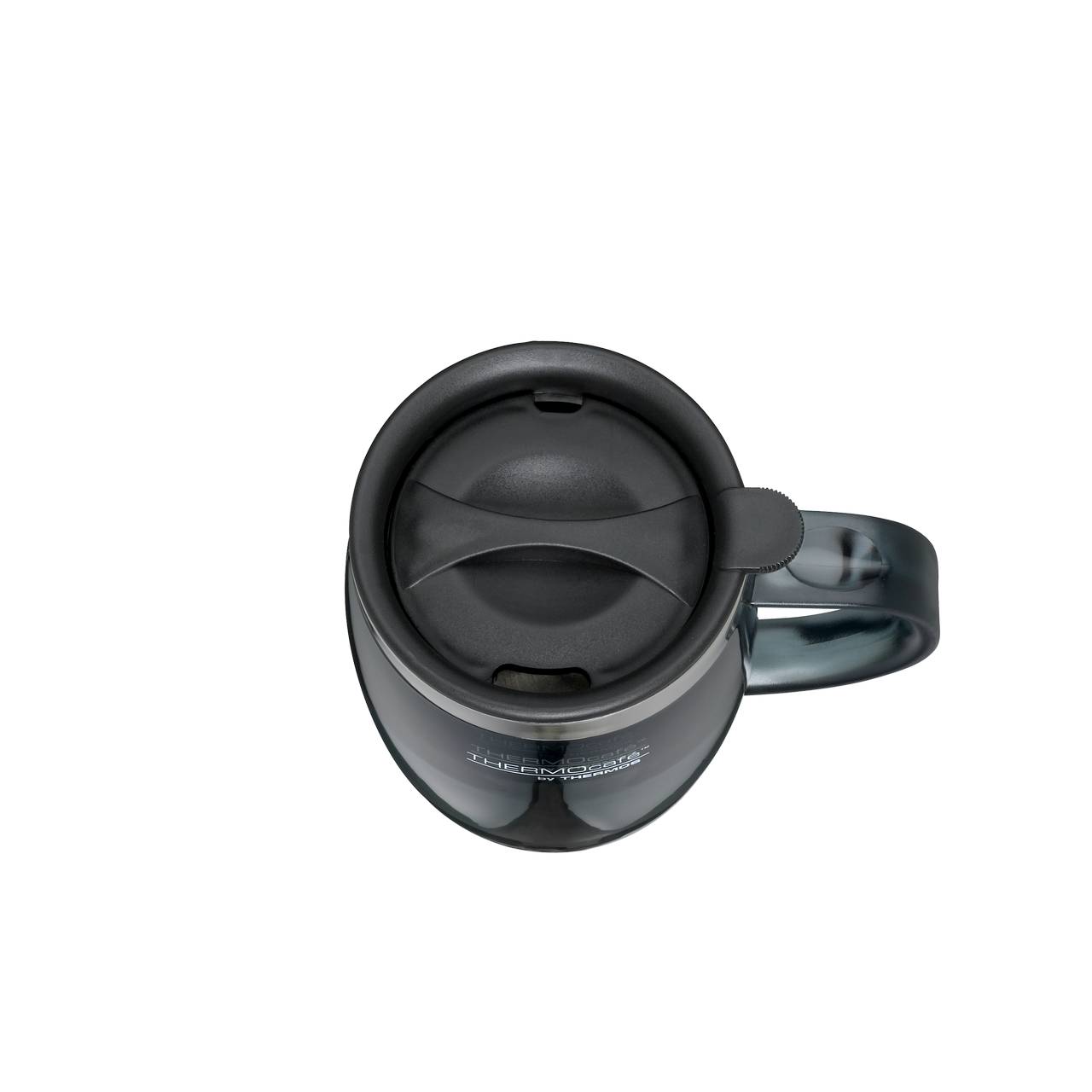 Auf dem Bild ist eine schwarze Thermoskanne von oben zu sehen, mit einem geschlossenen Deckel und einem seitlichen Griff. Der Hintergrund ist komplett weiß, wodurch die Kanne im Mittelpunkt steht.