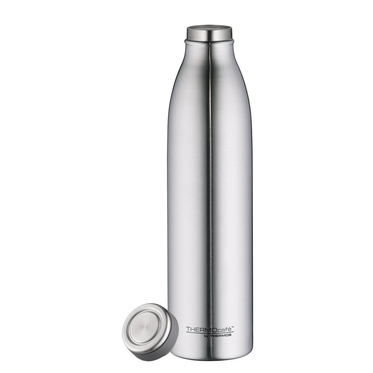 Auf dem Bild ist eine schlanke, silberne Thermosflasche mit einem abgenommenen Deckel zu sehen. Die Flasche steht aufrecht, und der Deckel liegt geöffnet davor.