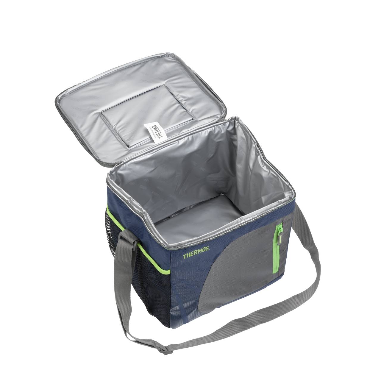 Das Bild zeigt eine geöffnete, rechteckige Kühltasche mit einem grauen Innenfutter. Die Tasche ist blau mit grünen Akzenten und hat einen Schultergurt. Auf der Vorderseite ist der Name "THERMOS" sichtbar.