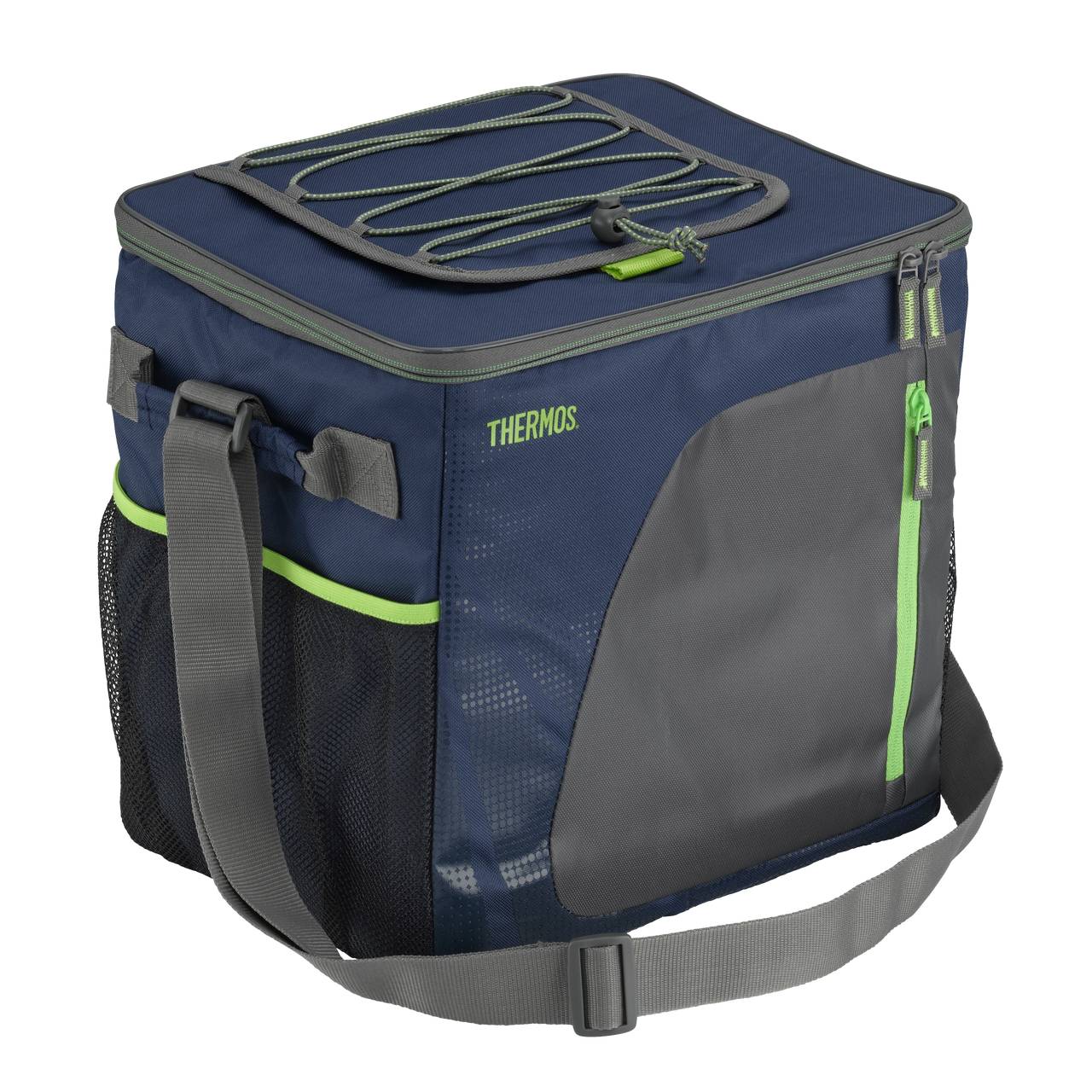 Es ist eine rechteckige Kühltasche mit dunkelblauem Oberteil, grauen Seiten und grünen Reißverschlüssen. Sie hat eine lange Trageschlaufe und seitliche Netztaschen. Auf der Vorderseite steht "THERMOS".