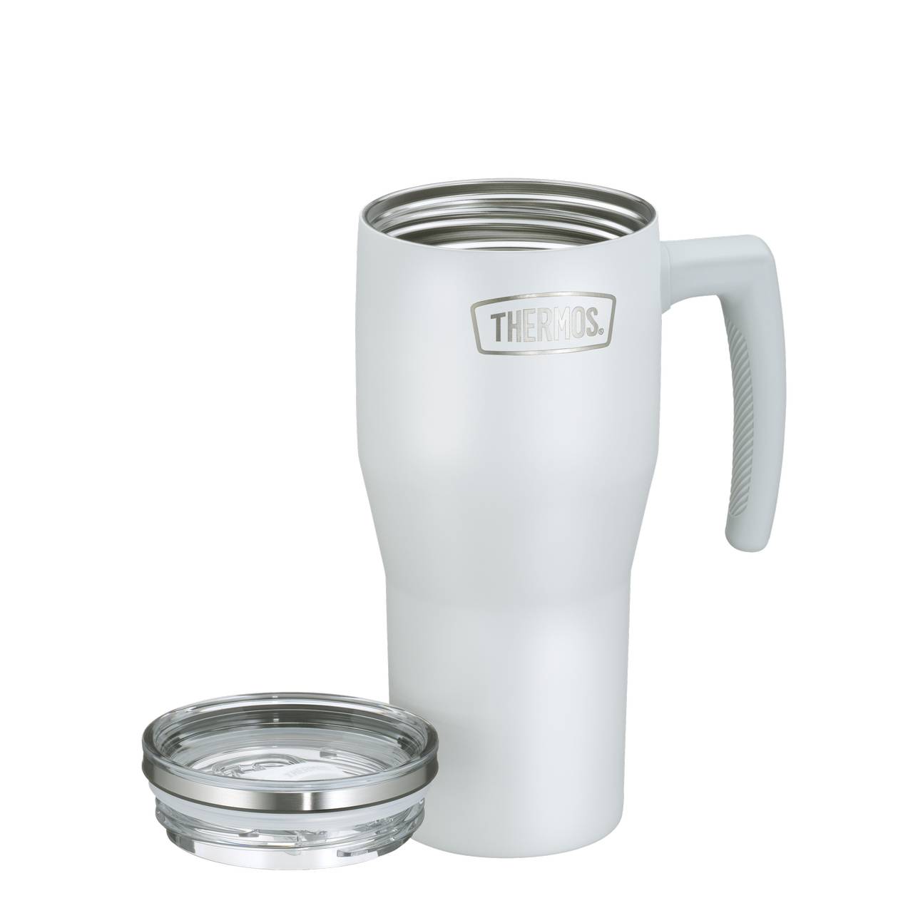 Das Bild zeigt einen weißen Thermobecher mit Henkel und einem abgenommenen, durchsichtigen Deckel, der daneben liegt. Der Becher hat ein schlichtes, modernes Design und das Logo "THERMOS" auf der Vorderseite.