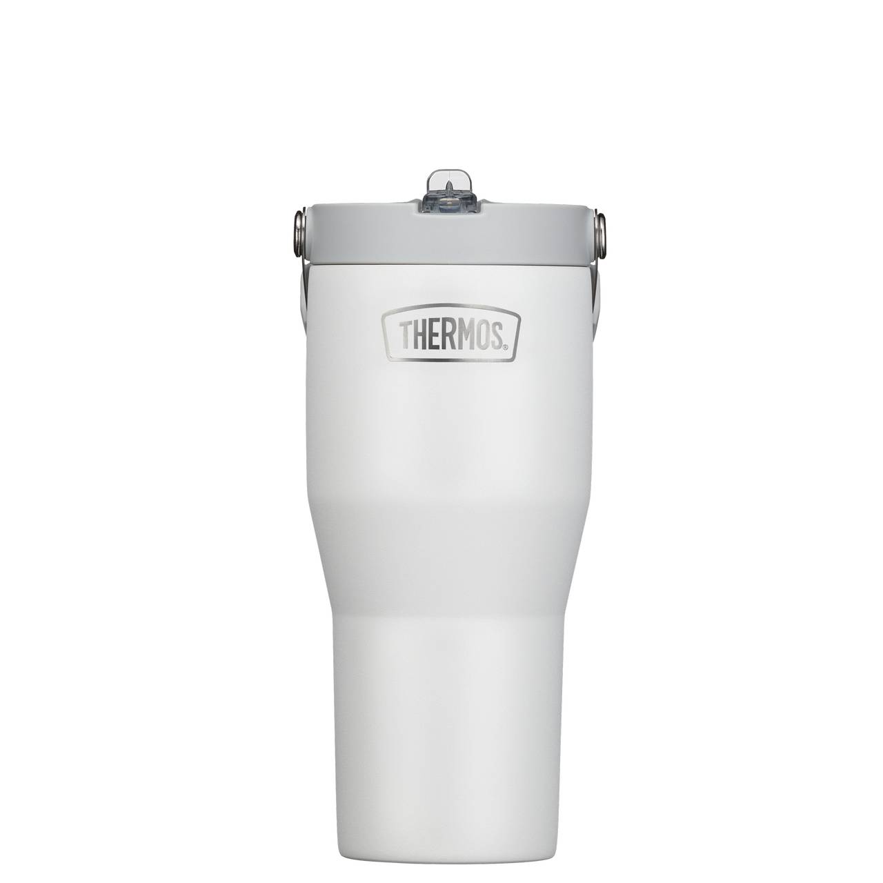 Das Bild zeigt einen weißen, doppelwandigen Thermosbecher mit einem grauen Deckel. Auf der Vorderseite des Bechers ist ein graues Logo mit der Aufschrift "THERMOS". Der Becher hat eine schlanke, leicht konische Form.