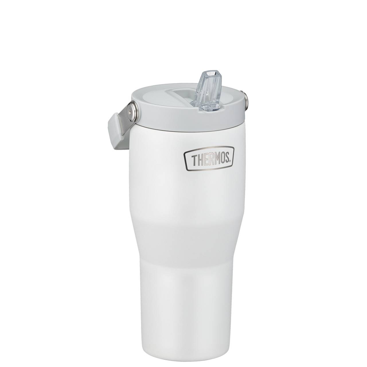 Das Bild zeigt einen weißen Thermosbecher mit einem grauen Deckel und einem klappbaren Trinkstutzen. Auf dem Becher ist das Wort "Thermos" aufgedruckt. Der Becher hat ein schlichtes und modernes Design.