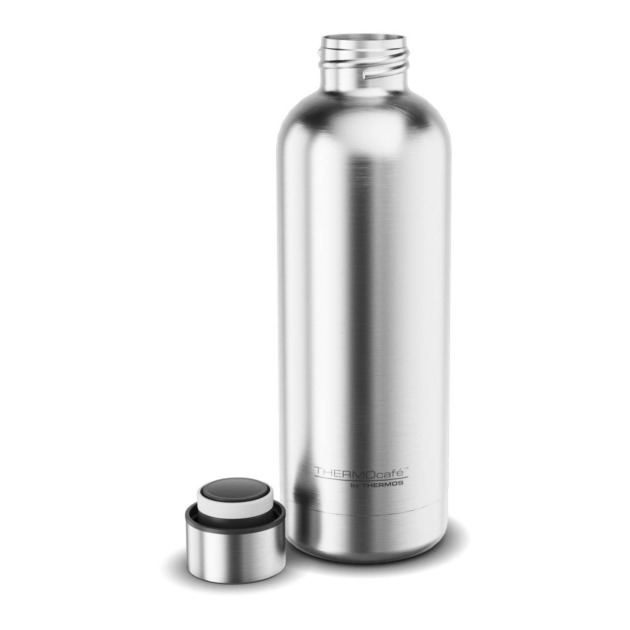 Das Bild zeigt eine silberne Thermosflasche aus Edelstahl mit abgeschraubtem Deckel. Die Flasche steht aufrecht und der runde Deckel liegt daneben.
