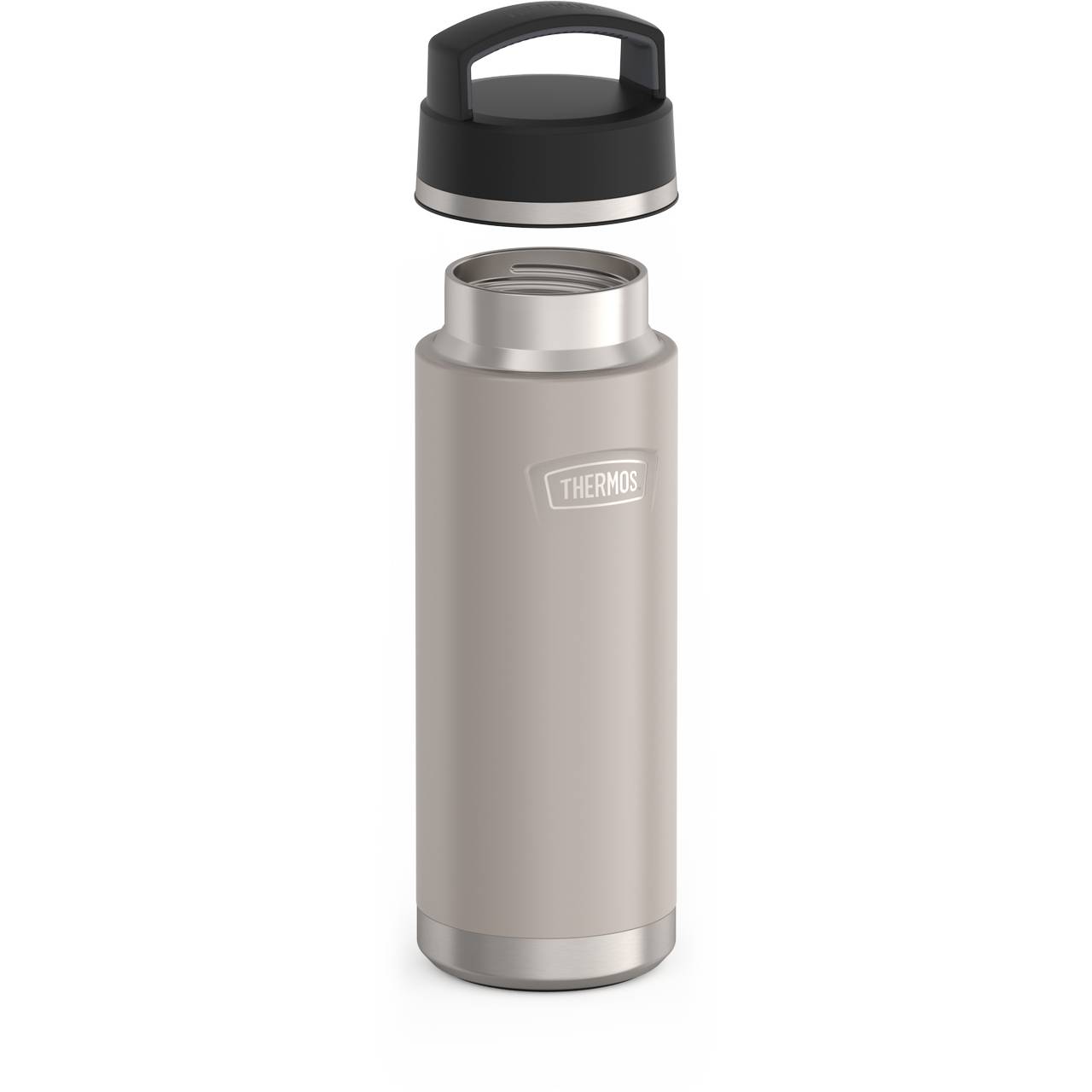 Auf dem Bild ist eine graue Thermoskanne mit einem abgenommenen schwarzen Deckel zu sehen. Die Kanne hat ein schlichtes, modernes Design und das Logo "THERMOS" auf der Seite. Der Deckel schwebt über der Kanne und ist zum Tragen geeignet.