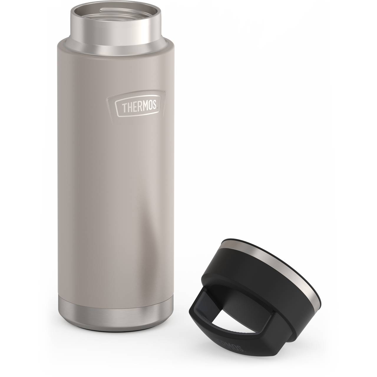 Auf dem Bild ist eine silberne Thermosflasche mit einem abgenommenen schwarzen Deckel zu sehen. Die Flasche steht aufrecht, und der Deckel liegt davor auf der Seite.
