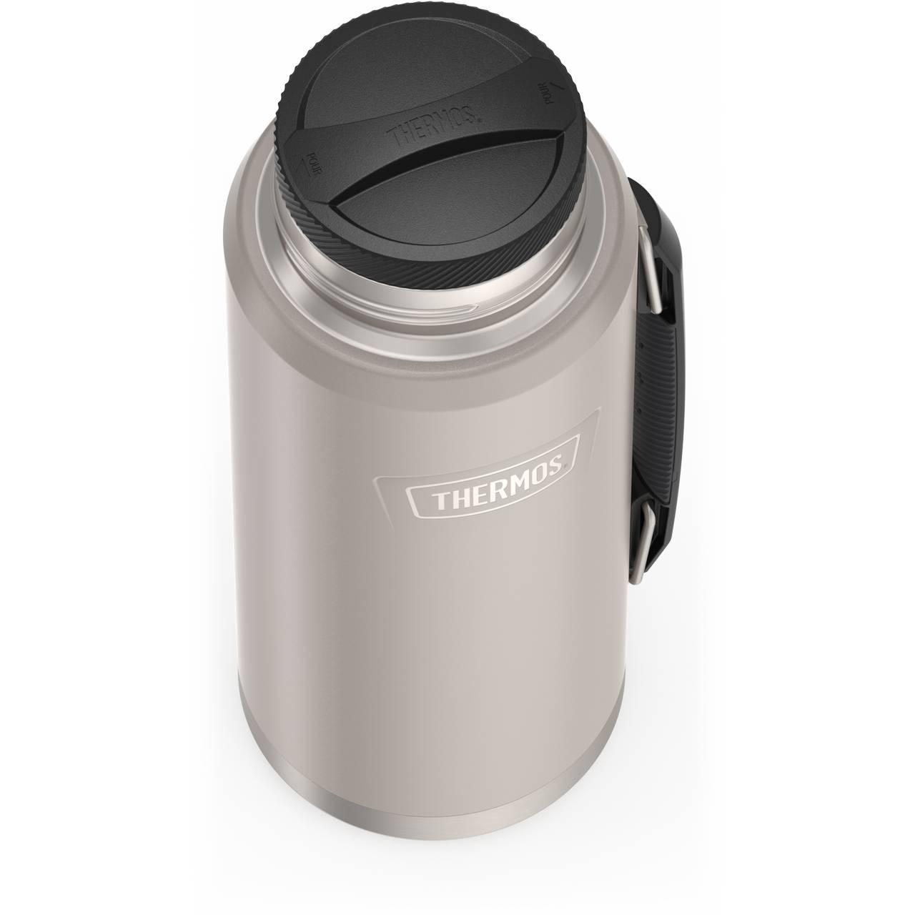 Das Bild zeigt eine silberne Thermoskanne mit schwarzem Schraubdeckel. Der Markenname "Thermos" ist auf der Vorderseite der Flasche sichtbar. Auf der Seite befindet sich ein schwarzer Griff.