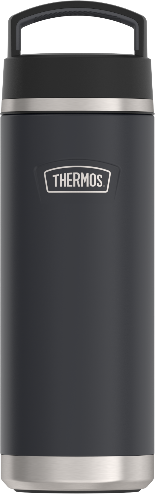 Schwarze Trinkflasche die isoliert mit Drehdeckel und Griff